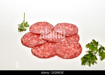 Dünn geschnittene Wurst liegt in einem Kreis auf weißem Hintergrund. Stockfoto