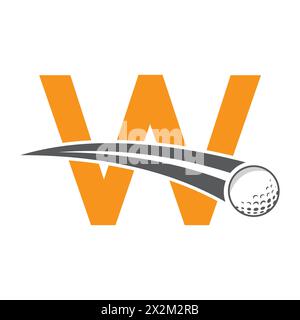 Golflogo auf Buchstabe W Konzept mit beweglichem Golfball-Symbol. Hockey-Schild Stock Vektor