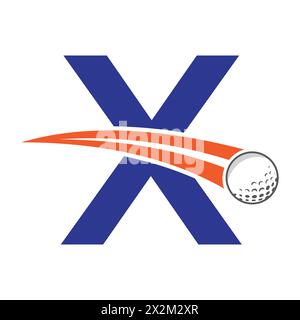 Golflogo auf Buchstabe X Konzept mit beweglichem Golfball-Symbol. Hockey-Schild Stock Vektor