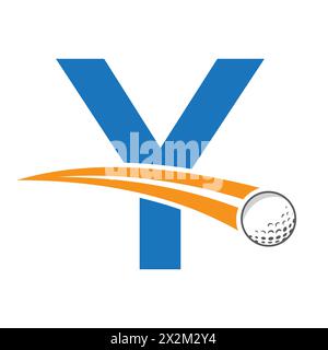 Golf-Logo auf Buchstabe Y-Konzept mit beweglichem Golfball-Symbol. Hockey-Schild Stock Vektor