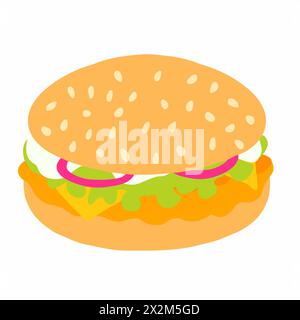 Burger mit Hähnchenkotelett, Käse, Salat, Zwiebeln und Soße im Cartoon Flat Style. Vektorillustration isoliert auf weißem Hintergrund. Für Menü, Pos. Stock Vektor