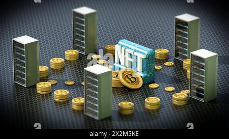 Krypto-Münzen verbinden Datenserver mit NFT-Wort im Zentrum. 3D Abbildung. Stockfoto