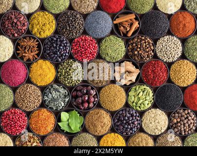 Gewürze und Kräuter Hintergrund. Große Auswahl an Gewürzen von oben. Farbenfrohe Gewürze für Etikettendrucke oder Aufstellungsdeckel Stockfoto