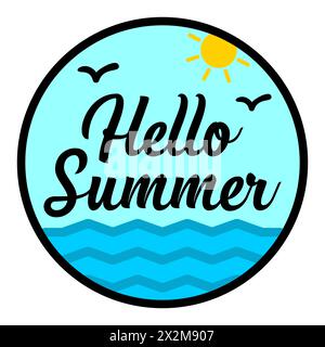 Strand Sommer 2024 helle Begrüßungsbanner. Hallo Sommer auf Farben geometrischen Hintergrund.Vektor-Illustration. Urlaub Am Strand. Handschriftliche Kalligraphie. Stock Vektor