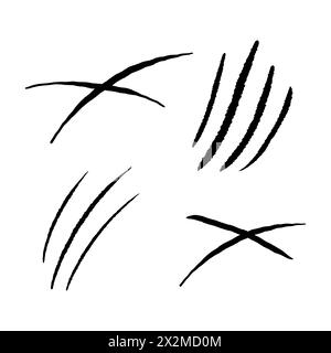 Clows kratzt Silhouettenspuren, Katze oder wildes Tier kratzt Spur kratzt Pfotenform isoliert auf weißem Hintergrund. Nägel zeichnen Textur mit abgerissener Kante auf. Vektorabbildung Stock Vektor