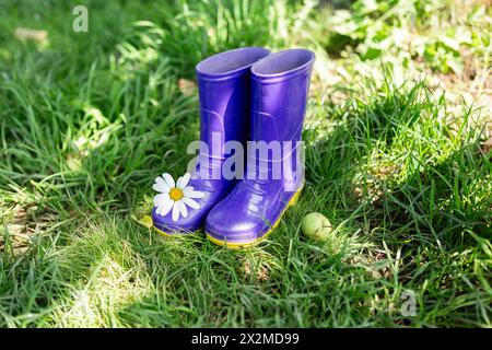 Ein Paar leuchtend lila Regenstiefel auf üppigem grünem Gras, die von einem frischen weißen Gänseblümchen und einem kleinen grünen Apfel akzentuiert werden Stockfoto