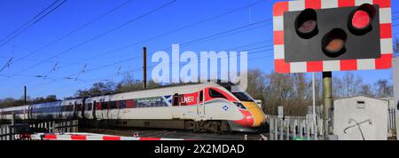 Anlässlich Schottlands 800104 fährt der Azuma-Zug an einem unbemannten Bahnübergang von Lolham, East Coast Main Line Railway, Cambridgeshire, Englan Stockfoto