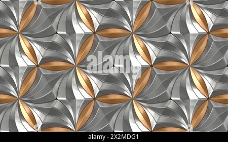 Abstraktes, glänzendes Metallic-Muster mit Silber- und Goldtönen für einen luxuriösen 3D-Effekt Stockfoto
