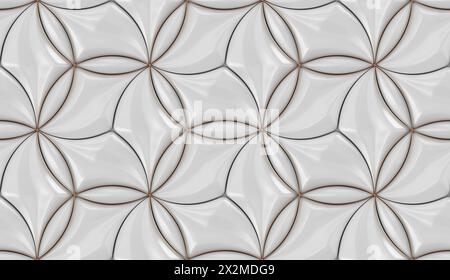 Nahtloses geometrisches Muster mit glänzenden weißen Fliesen und Bronzestreifen, perfekt für moderne Hintergründe Stockfoto