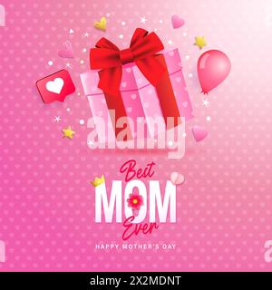 Mothers Day Banner Design mit 3D Geschenkbox für die beste MUTTER aller Zeiten. Schöne Werbevorlage für Happy Mother's Day. Vektorabbildung Stock Vektor