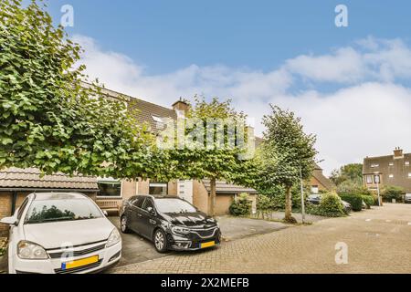 Ruhige Vorstadtstraße mit geparkten Autos und Reihenhäusern, umgeben von üppigen grünen Bäumen unter blauem Himmel. Stockfoto