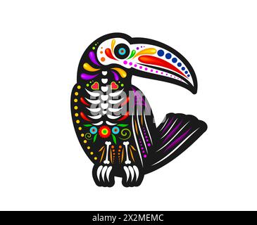 Mexikanischer Tag der Toten, Tukanvogel mit Zuckerschädel für Tattoo, Vektorsymbol. Dia de Los Muertos Urlaub oder Mexico fiesta Tattoo Dekoration aus Tukan Skelett Schädel mit mexikanischem Blumenschmuck Stock Vektor