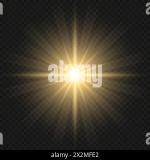 Vektor-goldene Lichtstrahlen auf einem transparenten Hintergrund. Strahlende Sonne Stock Vektor