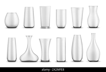Realistische Glasblumenvasen. Vector 3d Leere transparente Glasbehälter isolierte Modelle für Schnittblumen oder Pflanzen. Klare Glaswaren, runde Schalen, hohe zylindrische und geschwungene Vasen, Zimmereinrichtung Stock Vektor