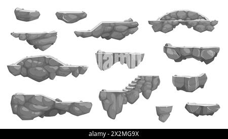 Comic Rock Stone isolierte Spielplattformen. Mobile Arcade-Umgebung Bodenvektor-Sprungplattformen. Videospiel-Level Flying Stone World Elements oder Computer-2D-Spiel Floating Rock Islands Kollektion Stock Vektor