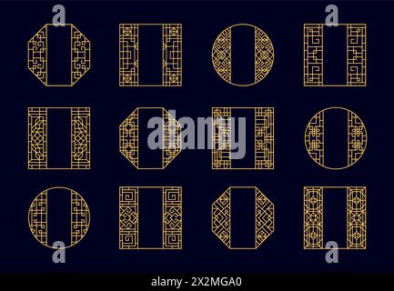 Rahmen mit asiatischen chinesischen, koreanischen und japanischen Goldmustern. Tradition orientalische Grenzen von Vektorgoldener Linien Ornament. Runde und quadratische asiatische Rahmen mit goldenen Gitterrändern mit geometrischem Muster Stock Vektor