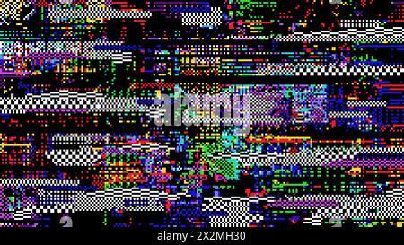 Hintergrund für Glitch-Retro-Pixel. Abstrakter Glitched-Verzerrungseffekt. Vektorfarbenes, zufälliges pixelfarbenes Muster auf dem Bildschirm. TV-verzerrtes Video, kein Signal, Vintage-TV-Rahmen, Computerprogrammfehler Stock Vektor