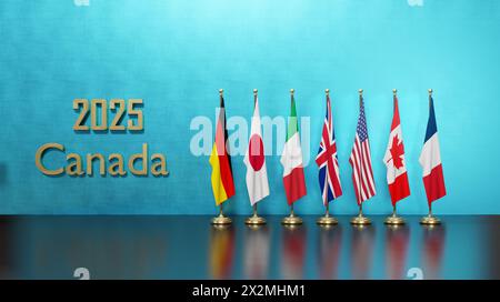 G7-Gipfel 2025, G7-Gipfel in Kanada, G7-Gipfel in Kanada, G7-Gipfel 2025, 51. Gipfel, Flaggen der siebenköpfigen Mitgliedergruppe. 3D-Arbeit Stockfoto