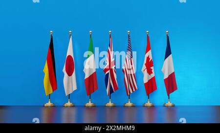 Gipfel G7. Flaggen der Mitglieder von G7 Gruppe von sieben und Liste der Länder, Gruppe von sieben. 3D Illustration und 3D Arbeit Stockfoto