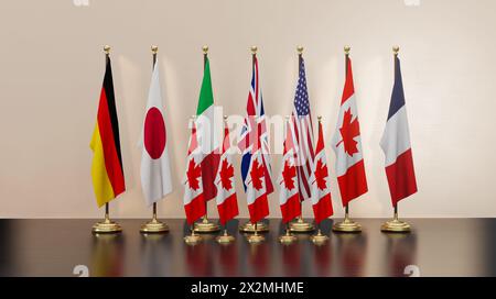 G7-Gipfel 2025, G7-Gipfel in Kanada, G7-Gipfel in Kanada, G7-Gipfel 2025, 51. Gipfel, Flaggen der siebenköpfigen Mitgliedergruppe. 3D-Arbeit Stockfoto