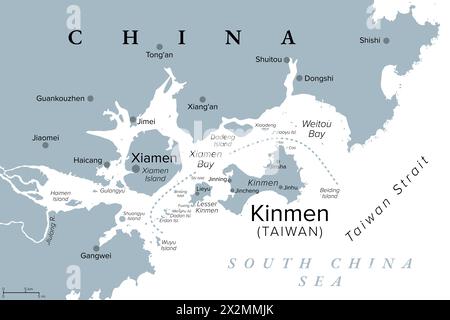 Kinmen, auch bekannt als Quemoy, graue politische Karte. Inselgruppe, die als County von Taiwan, der Republik China, östlich der Stadt Xiamen regiert wird. Stockfoto