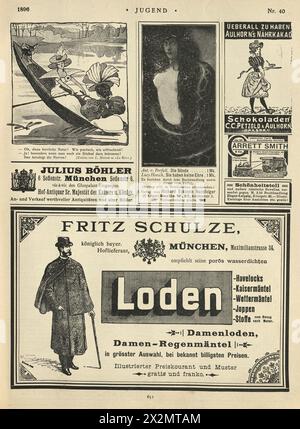 Vintage-Illustrationsseite mit Anzeigen und Cartoons, Jugend, Jugendstil, Jugendstil, 1890er Jahre Stockfoto