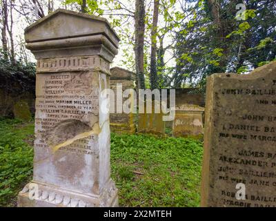 Alter Friedhof Barons Haugh Nature Reserve Motherwell mit einem Mausoleum, das die Gräber der Familie Hamilton beherbergt. Stockfoto