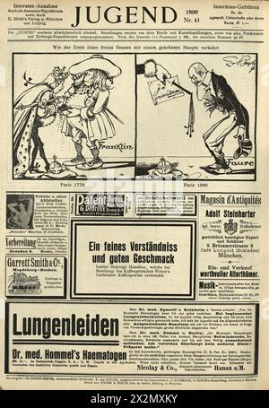 Seite aus Jugend 1896, Jugendstil, Zeichentrickfilm, Werbung, Deutsch, Geschichte 19. Jahrhundert. Stockfoto