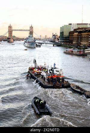 Im Jahr 2006 kämpfen Retter um die Rettung eines 15 Fuß langen nördlichen Flaschennasenwals in der Themse, London, nahe der Albert Bridge, am Samstag, den 21. Januar 2006. Der Wal schwamm gestern ins Zentrum von London und ist bis zur Battersea Bridge PIC gavin rodgers/pixel8000 gefahren Stockfoto