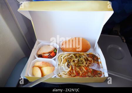 Eine Portion auf einem Tablett mit verpacktem Essen in der Box im Flugzeug. Konzentrieren Sie sich auf Brötchen. Stockfoto