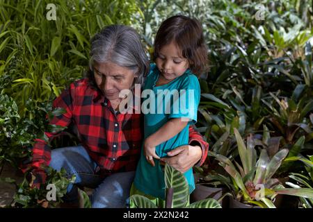 Gartenarbeit mit Kindern. Großmutter bringt ihrem lateinamerikanischen Enkel bei, in ihrem Garten zu arbeiten. Hobbys und Freizeit, Lifestyle, Familienleben. Stockfoto