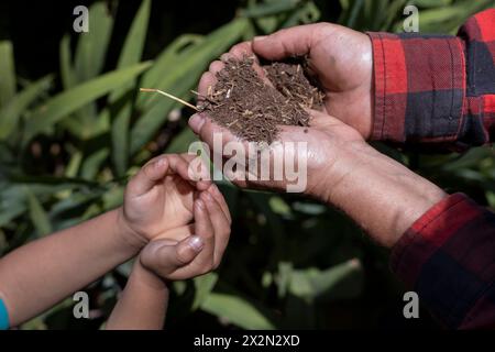 Hände einer älteren Frau und eines nicht erkennbaren lateinamerikanischen Kindes, das in kompostiertem Boden hält. Concept Gardening, Rentner, Hobbys und Freizeit. Stockfoto