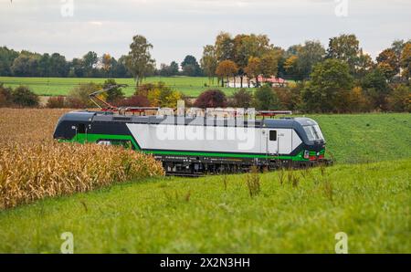 Eine Siemens Vectron Elektrolokomotive auf der Bahnstrecke zwischen München und Nürnberg. (Hebertshausen, Deutschland, 10.10.2022) Stockfoto