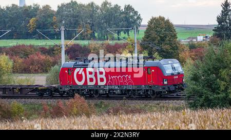 Eine Siemens Vectron Lokomotive der ÖBB auf der Bahnstrecke zwischen München und Nürnberg. (Hebertshausen, Deutschland, 10.10.2022) Stockfoto