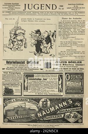 Alte Seite der deutschen Zeitung, Zeitschriftenwerbung, Karikaturen, 1890er Jahre 19. Jahrhundert Stockfoto