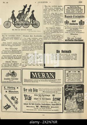 Alte Seite mit Zeitungsanzeigen, Zeichentrickfilm, Radfahren, deutsches 19. Jahrhundert, 1890er Jahre Stockfoto