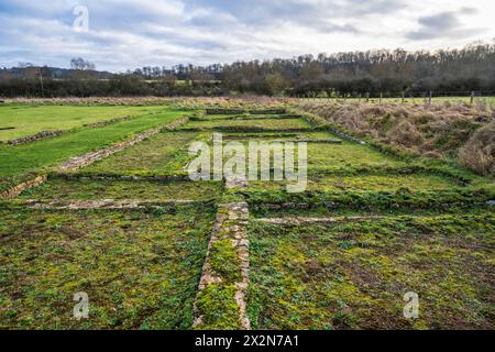 Überreste der North Leigh Roman Villa, eine römische Hofvilla am Ufer des Flusses Evenlode in Oxfordshire, England, Großbritannien Stockfoto