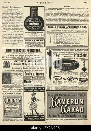 Seite mit Vintage-Zeitungsanzeigen, 1890er, 19. Jahrhundert, Bovril Stockfoto