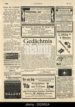 Seite mit Vintage-Zeitungsanzeigen, 1890er, 19. Jahrhundert, Deutsch Stockfoto