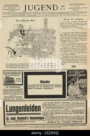 Seite mit Vintage-Zeitungsanzeigen, Cartoon, Dampfeisenbahn, 1890er, 19. Jahrhundert, Deutsch Stockfoto