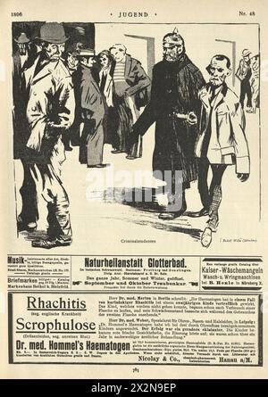 Mann, der von der Polizei verhaftet wird, Old German Magazine Page, Cartoon, Criminal Students, Advert, Jugend, 1890er Jahre Stockfoto