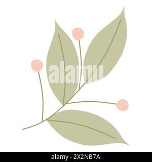 Flacher grüner Zweig mit Blättern und Beeren. Vektorillustration isoliert auf weißem Hintergrund. Comic Laub, Botanik-Objekt, Sweet Spring Design für W Stock Vektor