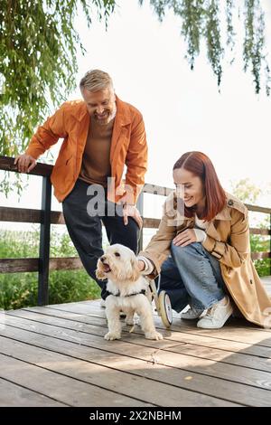 Erwachsenes Paar in lässiger Kleidung, genießen einen ruhigen Moment, während es einen kleinen, glücklichen Hund im Park streichelt. Stockfoto