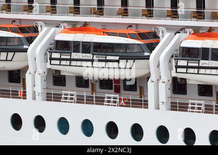 Weiße Rettungsboote, die auf der großen weißen Passagierverkleidung montiert sind Stockfoto