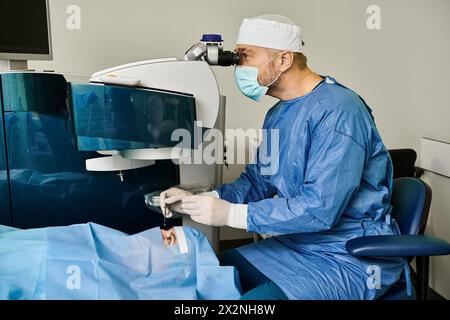 Ein Chirurg im Kleid und Maske bedient eine Maschine. Stockfoto