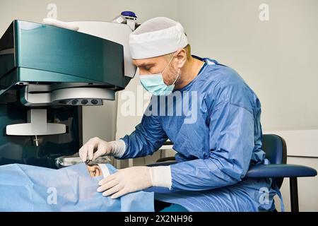 Ein Mann im Peeling bedient eine Maschine während eines Laservisierkorrekturverfahrens. Stockfoto