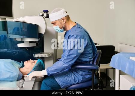 Ein Mann im chirurgischen Kleid sitzt neben einer Frau in einem Krankenhausbett. Stockfoto