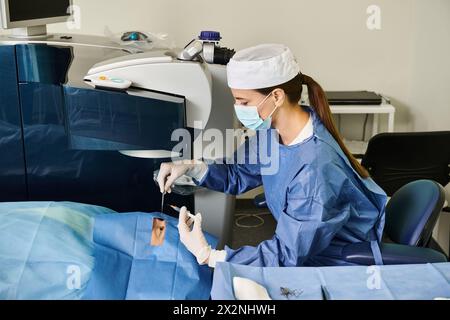 Eine Frau in Peelings führt eine Laser-Sehkorrektur durch. Stockfoto