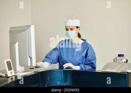 Eine Frau mit einer chirurgischen Maske sitzt an einem Schreibtisch in einer Arztpraxis. Stockfoto