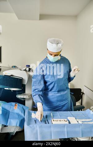 Ein erfahrener Chirurg in chirurgischer Kleidung bedient eine Präzisionsmaschine in einer medizinischen Umgebung. Stockfoto